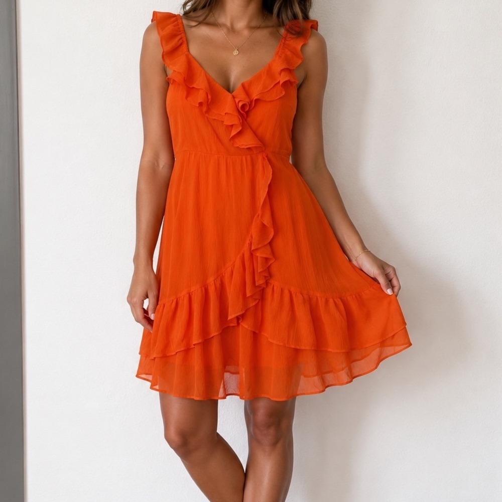 Cato Orange Ruffle Tiered Mini Dress Smocked Back Golden Poppy Small‎ m3